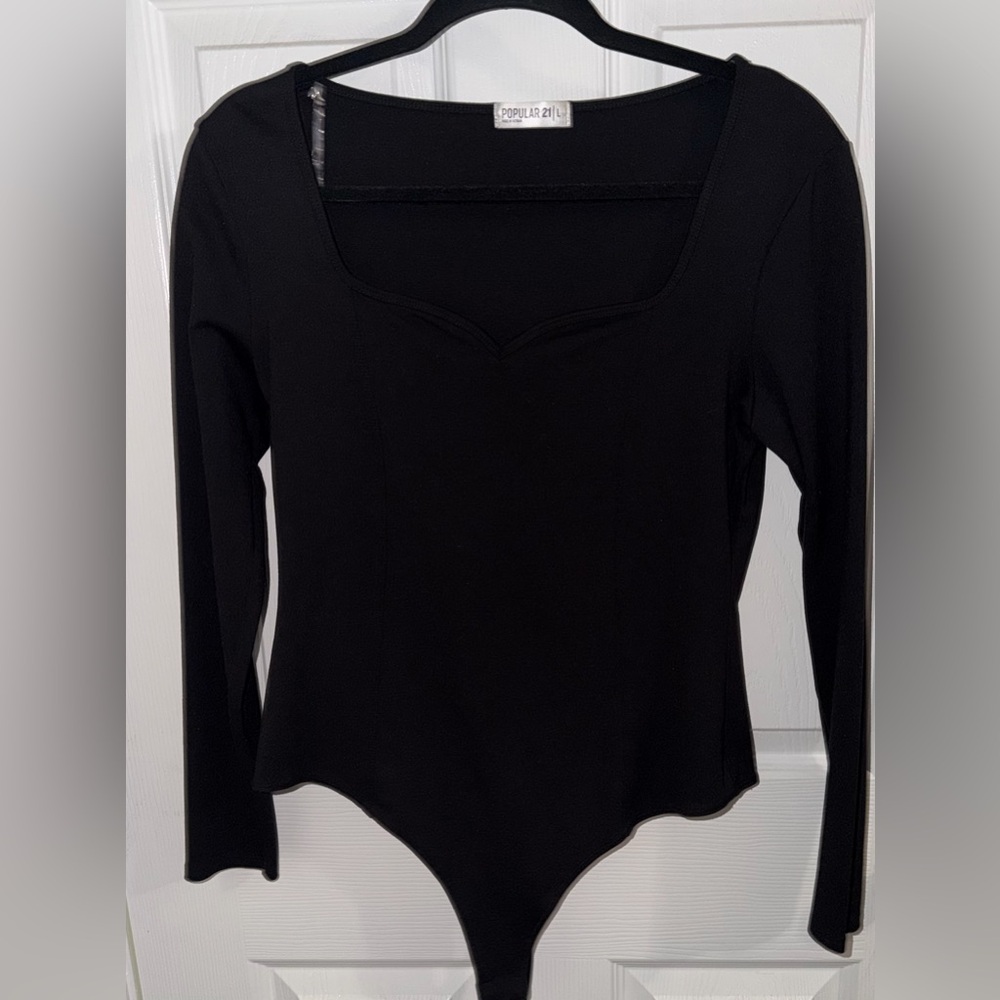 Popular 21 Black Long Sleeve Square Neck Bodysuit Top